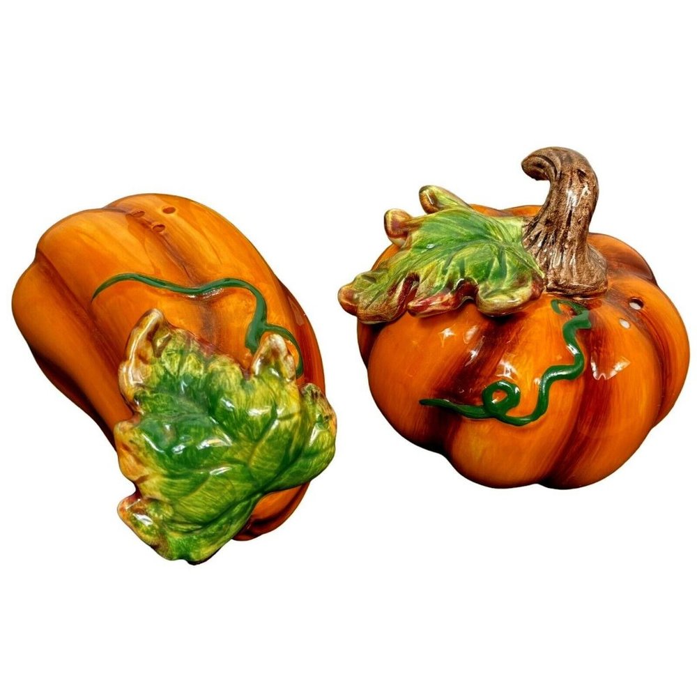 Salt  & Pepper Pumpkin Gourd Fall Season Hand Painted Ceramic